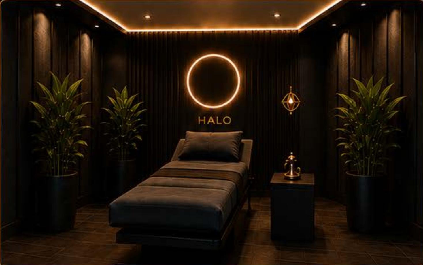 Private Halo wellness room with treatment recliner and illuminated halo feature light